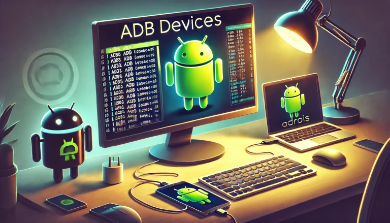 "adb devices," depicting a developer's environment with an Android-themed look.