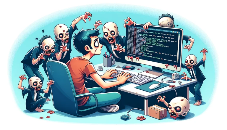 software developer trying to kill zombie processes in a humorous way