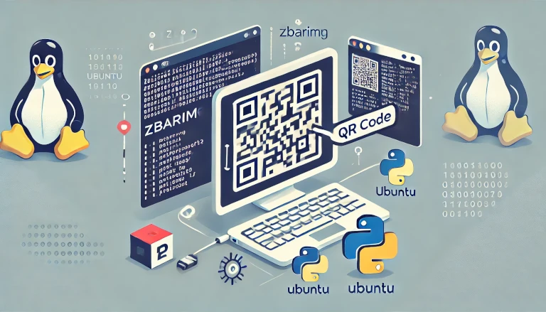 QR code extraction process in Ubuntu, featuring a computer screen with a terminal displaying the extracted string, alongside icons for tools like zbarimg and Python, in a professional tech workspace.