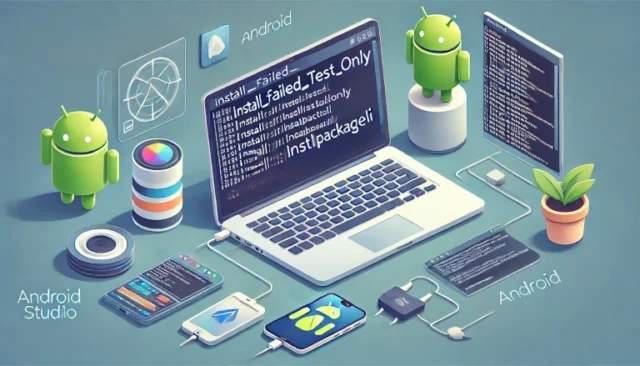 Android development environment showing an error message 'INSTALL_FAILED_TEST_ONLY' on a terminal screen, with Android Studio running in the background and a connected smartphone.