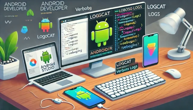 Android developer's workspace featuring Android Studio and a terminal running logcat with highlighted ALogV messages, showcasing Android debugging in action.