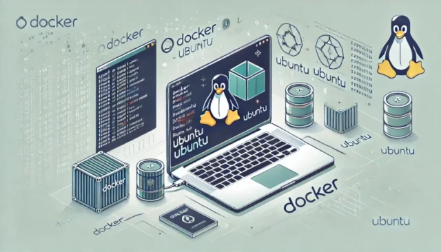 Docker running a single-container Ubuntu image, showcasing a terminal with commands like 'docker pull ubuntu' and 'docker run -it ubuntu,' alongside Docker and Ubuntu logos representing containerization.