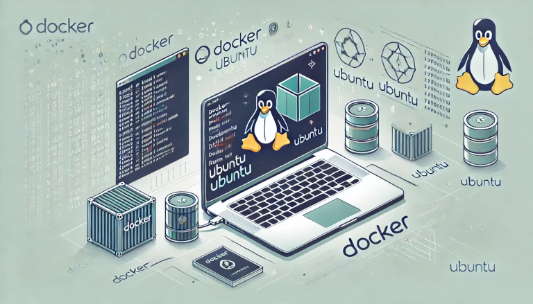 Docker running a single-container Ubuntu image, showcasing a terminal with commands like 'docker pull ubuntu' and 'docker run -it ubuntu,' alongside Docker and Ubuntu logos representing containerization.