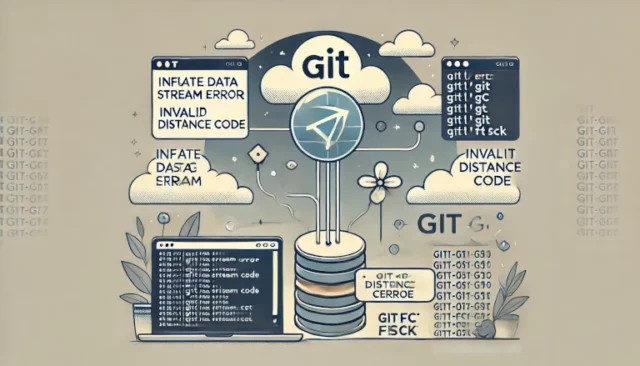 Git error troubleshooting for 'inflate data stream error (invalid distance code)' with a repository error warning, terminal commands like 'git gc' and 'git fsck'