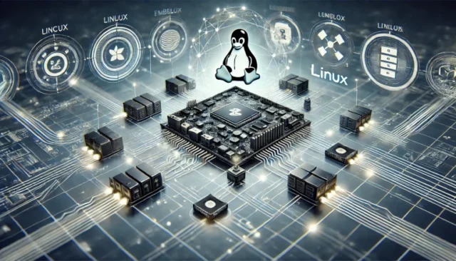 virtualization technologies in embedded Linux, with a central Linux board connected to multiple virtual machines and operating systems through glowing lines and nodes, symbolizing advanced connectivity and virtualization.